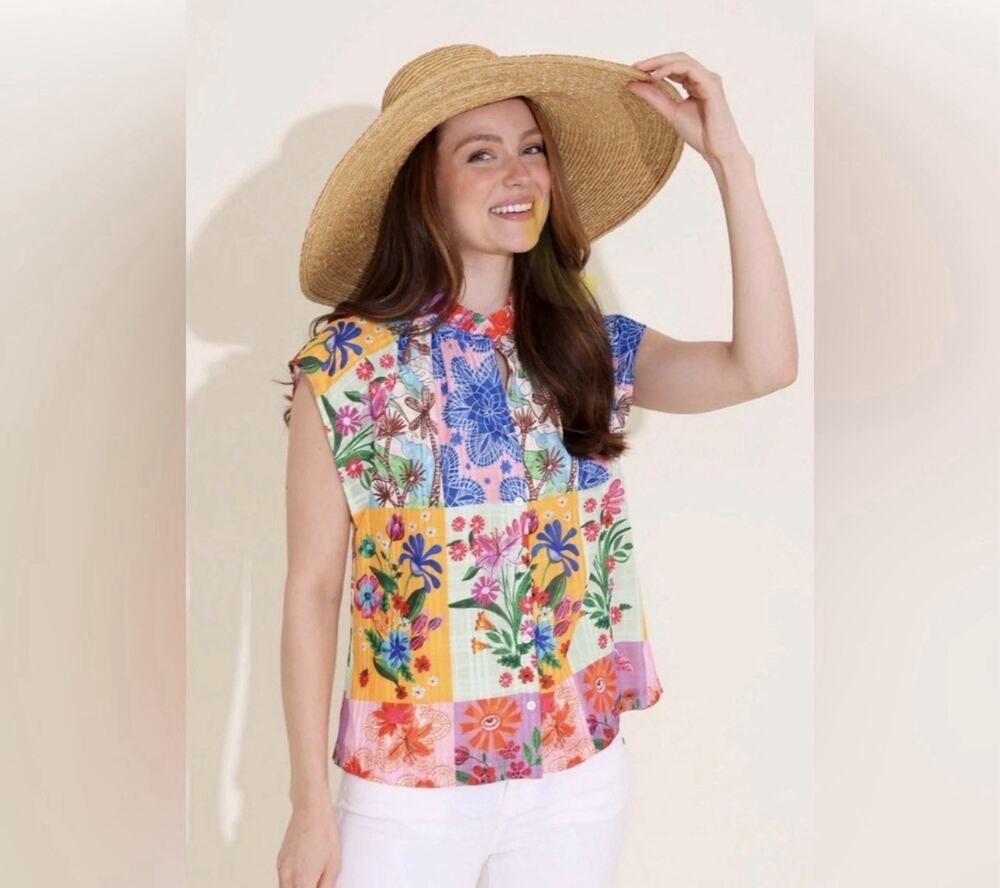Alden Adair Size S Goldenrod Floral Sleeveless Birkin Blouse NWT